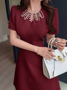 Feyla Chic Maroon A-Line Cocktail Dress For Women Featuring Intricate Pearl Neck Detailing And Flattering Short Sleeves - Burgundy - View 8