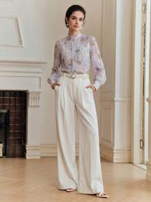 Anewsta Summer Elegant Court Style Heavy Pearl Decor Beaded Small Stand Collar Plain Floral Polka Dot Print Slightly Sheer White Long Sleeve Women Blouse - Mauve Purple - View 5
