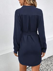 SHEIN LUNE Casual Commute Solid Color Belted Dress - Navy Blue - View 2