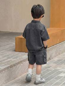 SHEIN 2件套男童灰色牛仔宽松短袖衬衫和短裤套装 - 黑色 - 查看 2