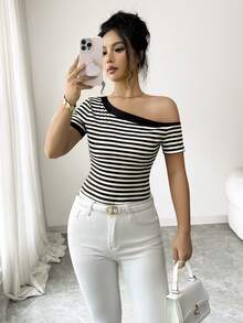 Elenzga Women's Summer Casual Striped Asymmetric Collar T-Shirt - Multicolor - View 6