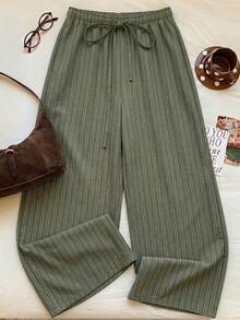 SHEIN EZwear 女款休閒繫腰直筒長褲，適合夏季 - 軍綠色 - 查看 2