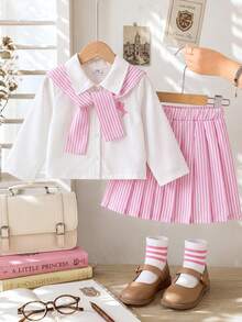 Playful Pals 2pcs/Set Baby Girl White Long Sleeve Button-Up Shirt With Animal Horse Embroidery And Turn-Down Collar + Pink And White Striped Elastic Waist Pleated Skirt, Casual Cute Sweet Fashion Korean Style Outfit, Matching Shawl Included, Preppy Style, Suitable For Autumn Daily Wear, School, Shopping And Other Occasions - Pink - View 8