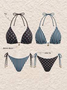 Swim Vcay 女款夏季海灘條紋掛脖綁帶性感時尚比基尼兩件式泳衣套裝 - 彩色 - 查看 3