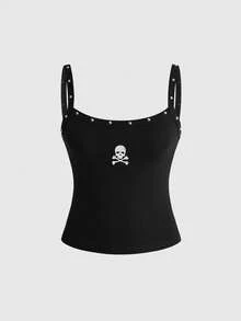 ROMWE Grunge Punk Conjunto de Verano Top de Tirantes Ajustado con Bordado de Calavera, Remaches y Estilo Punk Metal Oscuro - Negro - Ver 1