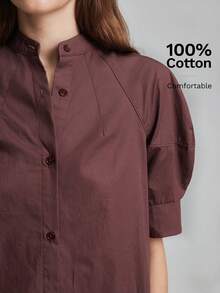 Ontre 2026 New All-Season Minimalist Fashion Elegant Casual Luxury Commute Vacation Party Wedding Outfit Knit Short Sleeve Round Neck Loose Button Brown Solid Color Women's Short Dress Versatile Slimming Heightening Elegant Daily Wear Commute Wear Work Wear Date Wear Fashion Wear Street Wear - Brown - View 7