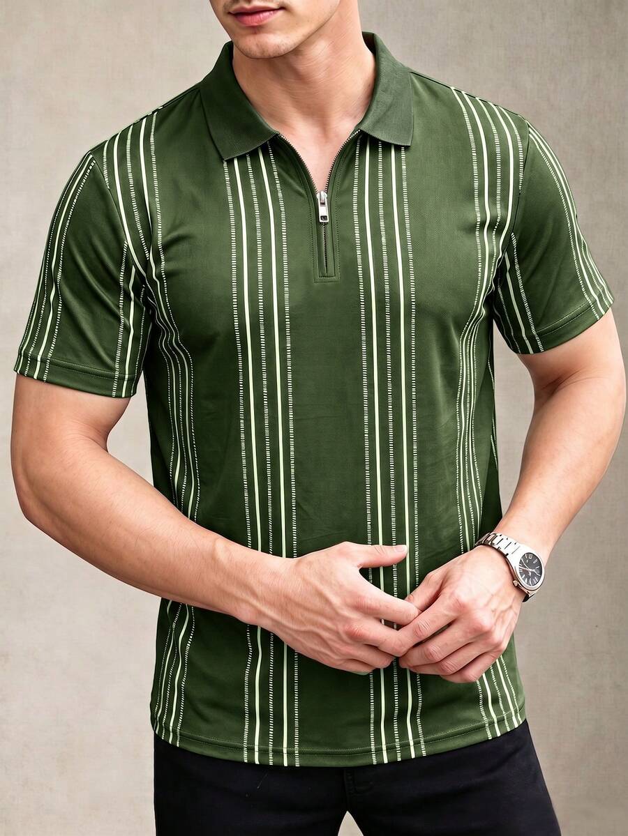 Airaco 男士條紋拼色休閒百搭通勤旅行短袖 Polo 衫 - 彩色 - 查看 1