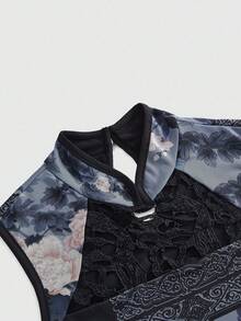 ROMWE Avant Retro New Chinese Style Garden Window Flower Print Mandarin Collar Plus Size Women Tank Top - Blue - View 3