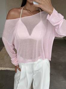 Yunfilé Women's Asymmetrical Neck Sheer Knit Sweater, Minimalist Solid Color, Suitable For Spring, Summer, Autumn, Beach Night Out, Vacation Light Pink - Pink - View 3