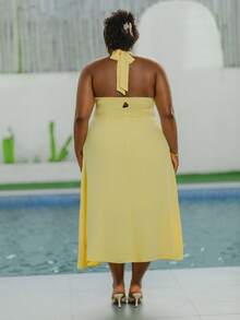 CurvyTilda 大码纯色休闲无袖吊带连衣裙，适合夏季穿着 - 黃色 - 查看 2