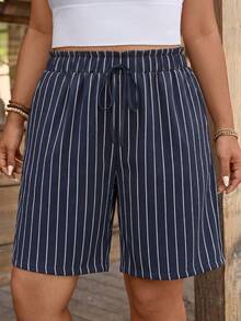 SHEIN LUNE Celana Pendek Wanita Ukuran Besar Motif Garis-garis dengan Tali Serut di Pinggang dan Kantong untuk Musim Panas - MultiWarna - View 3