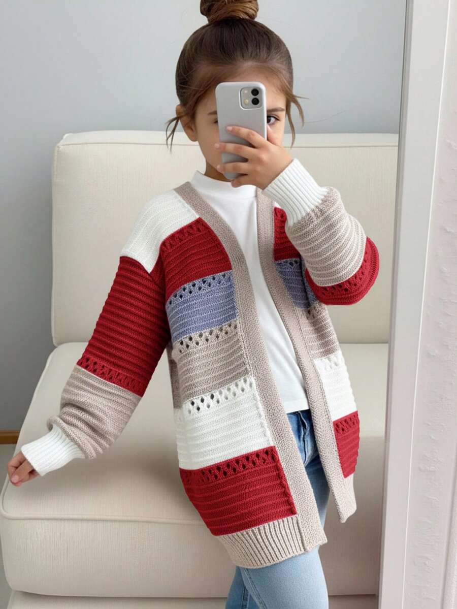 SHEIN 女童秋冬休閒拼色條紋針織開襟衫 - 紅色 - 查看 1