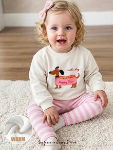 Cozy Pixies 2件組女嬰幼兒/新生兒0-3歲秋冬休閒日常趣味臘腸狗圖案圓領運動衫+粉色條紋長褲套裝 - 彩色 - 查看 2