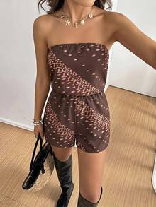 Brillora Vacation Woven Striped Print Bandeau Jumpsuit For Women - Brown - View 18