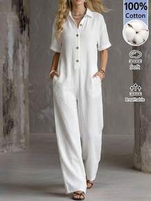 EMERY ROSE Mono camisa casual de manga corta con media tapeta de botones y color liso para mujer, ideal para vacaciones - Blanco - Ver 1