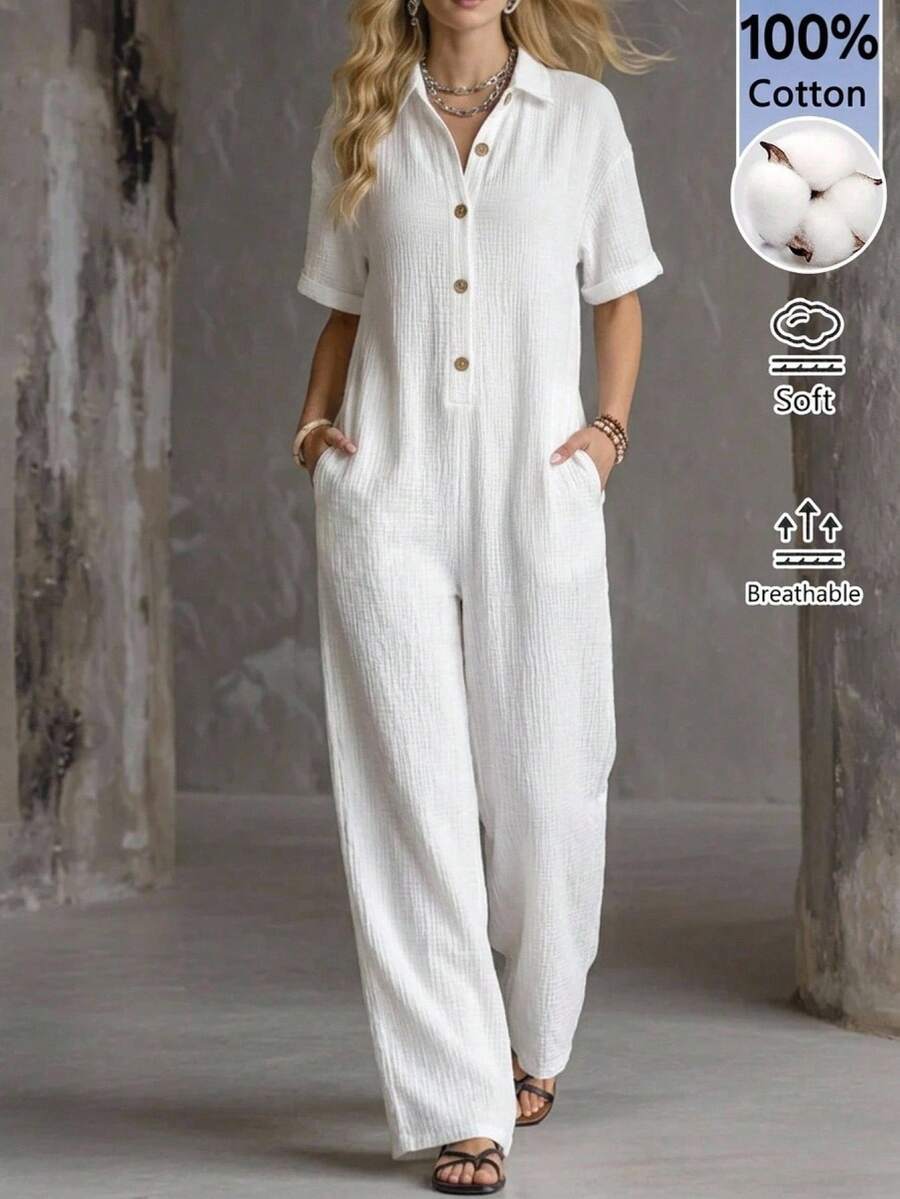 EMERY ROSE Mono camisa casual de manga corta con media tapeta de botones y color liso para mujer, ideal para vacaciones - Blanco - Ver 1