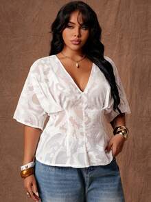 Rustia Plus Size V-Neck Ruffle Sleeve Short Sleeve Ruched Jacquard Cinched Waist A-Line Semi-Sheer Celestial Brunch Formal Blouse All White Summer - White - View 8