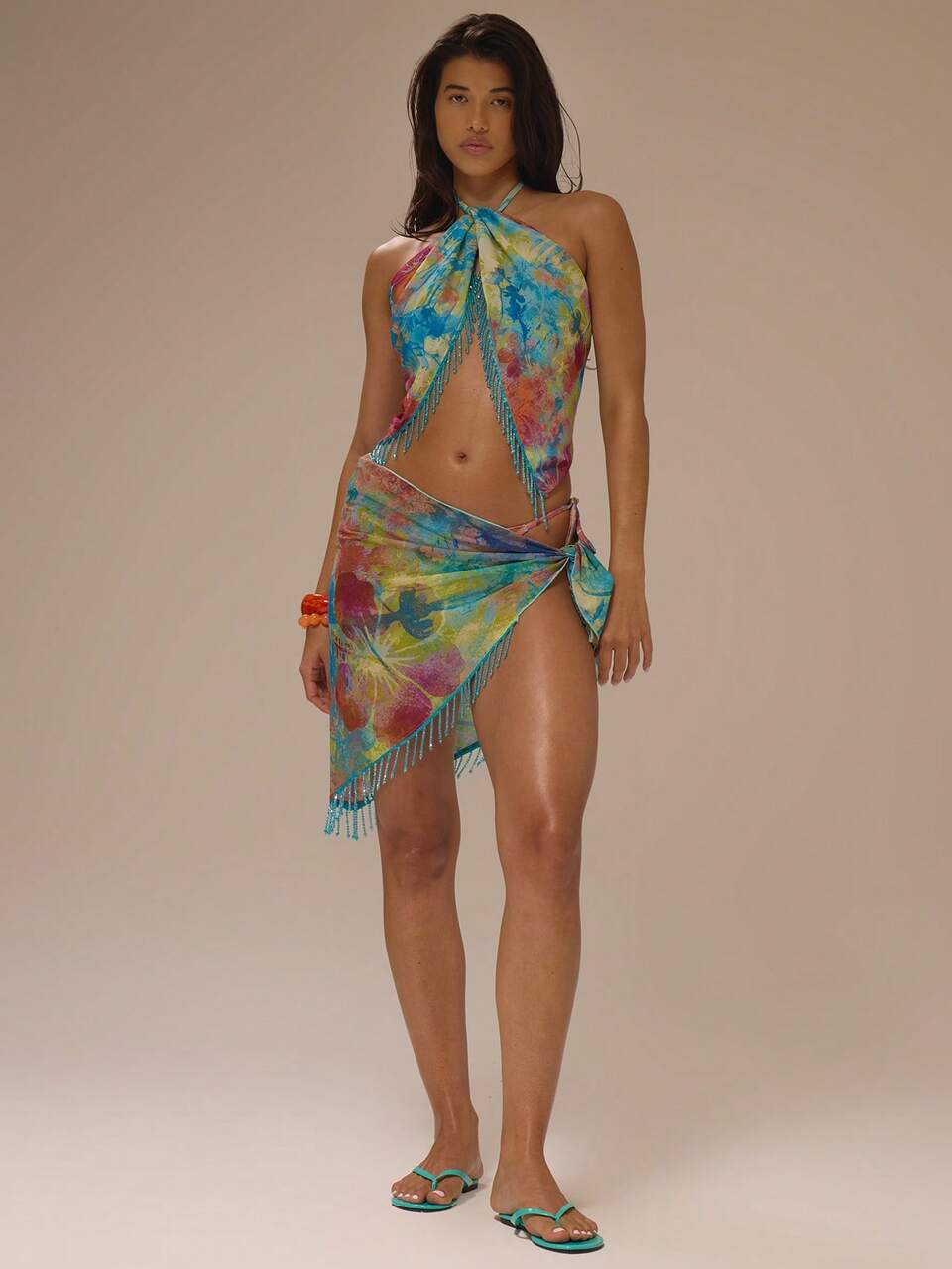 Saia Mini Sarongue com Detalhes de Contas Estampada, Saída de Praia Sexy e Fofa para Primavera/Verão, Férias, Praia, Ibiza, Festa e Passeio