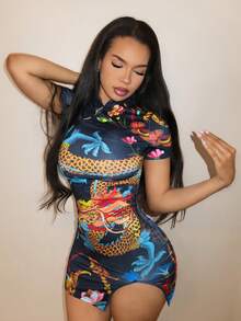 Mistrie New Chinese Style Dragon Patterned High Slit Sexy Cheongsam - Multicolor - View 4