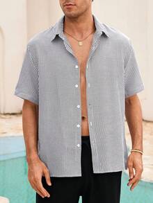 Mercer Haus Feiyo Men's Retro Style Short Sleeve Shirt, Made Of Lightweight Striped Polyester Fabric. Suitable For All Seasons, Casual And Versatile. - Black and White - View 6