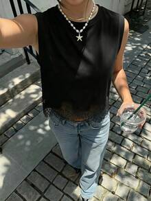 SHEIN 青少年女孩休閒正式優雅返校黑色針織純色對比蕾絲圓領無袖T恤上衣，Y2K - 黑色 - 查看 3