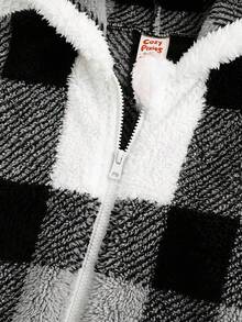 Cozy Pixies 女嬰休閒百搭格紋連帽保暖內裡中厚開襟冬季外套 - 黑與白 - 查看 5