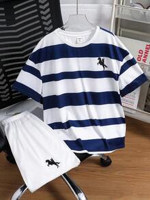 SHEIN Kids 2pcs/Set Tween Boy Casual Striped Logo Print Short-Sleeved T-Shirt Solid Color Shorts Two Pieces Suit, Suitable For Outdoor Summer Suitable For School, Garden, Beach, Birthday Spring, Summer - Blue and White - View 2