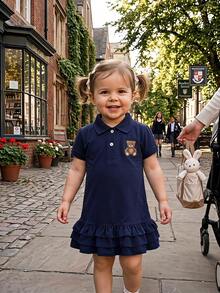 Gaun Polo Longgar dengan Kerah Polo, Minimalis Serbaguna, Bordir Kartun, Hem Bergelombang, untuk Anak Perempuan di Musim Panas, Kasual, untuk Perjalanan Sehari-hari, Cocok untuk Perjalanan Langsung. - Navy Blue - View 2