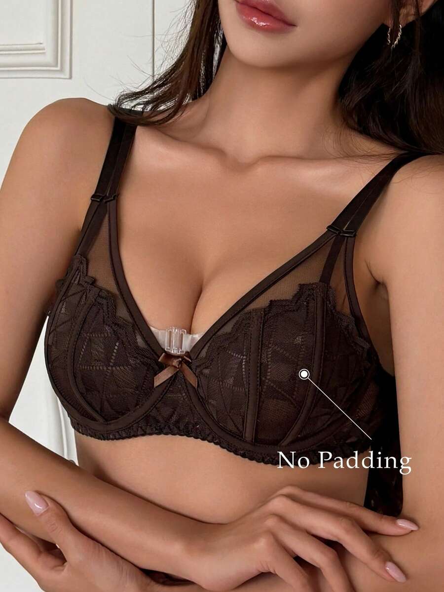 DAZY Mesh & Contrast Lace Lightweight Padded Sexy Bra - Coffee Brown - View 1