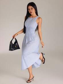 SHEIN PETITE Spring/Summer Blue And White Striped Sleeveless A-Line Long Dress – Fresh Casual Coastal Tropical Style, Elegant Women's Picnic Brunch Vacation Resort - Aqua Blue - View 8