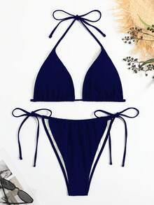 SHEIN Swim Curve 大尺碼女款夏季海灘純色掛脖綁帶性感比基尼三角褲兩件式泳衣套裝 - 藏蓝色 - 查看 1