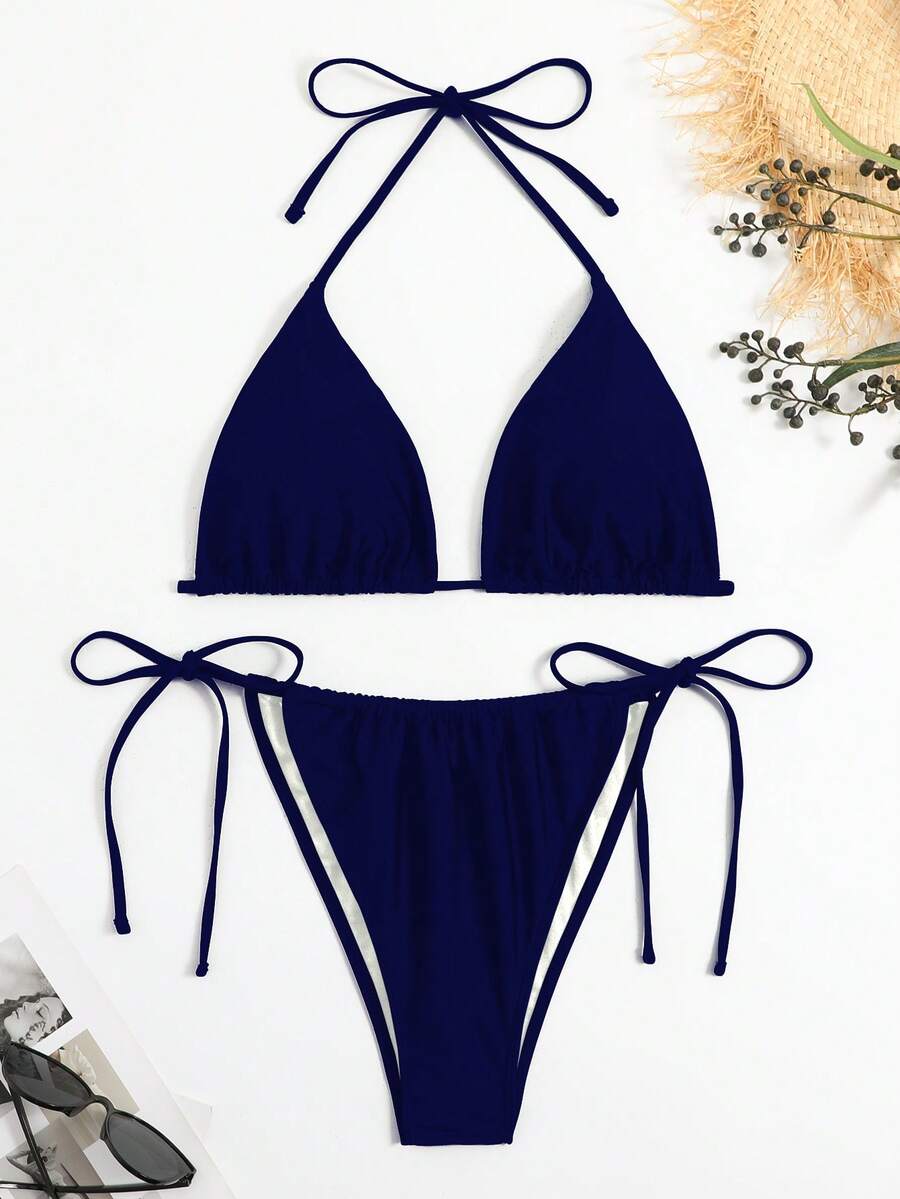 SHEIN Swim Curve 大尺碼女款夏季海灘純色掛脖綁帶性感比基尼三角褲兩件式泳衣套裝 - 藏蓝色 - 查看 1