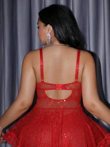 MidnightGlam Plus Size Women's Glamorous Sequin Lace Patchwork Corset Bodycon Spaghetti Strap Dress 3pcs Set - Red - View 2