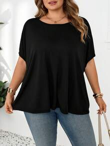 SHEIN CURVE+ Plus Size Women's Solid Color Twist Back Lace Trim Design Round Neck Short Sleeve Casual Elegant T-Shirt Going Out Black Summer - Black - View 3