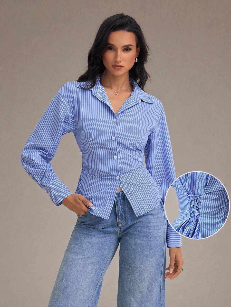 SHEIN Tall Women's Blue And White Striped Long Sleeve Shirt, Back Ruched Shirt, Daily Commute Shirt, Vacation Shirt, Waist-Cinching Striped Shirt, Spring Summer Autumn Winter Clothing Commute, Elegant, Vacation, Bohemian, Workwear - Blue and White - View 1