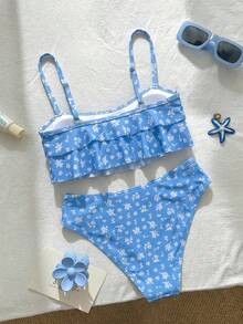 Swim Mod 花卉飾邊可愛甜美復古休閒度假海灘女款泳衣套裝 - 彩色 - 查看 2