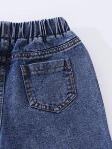 SHEIN Young Girls Loose Straight Leg Denim Pants, Elastic Waistband For Comfortable Wear, Dark Blue Washed Denim With Colorful Heart Embroidery, Can Be Paired With T-Shirt Or Shirt, Suitable For Casual, School Or Outdoor Scenes - Dark Wash - View 6