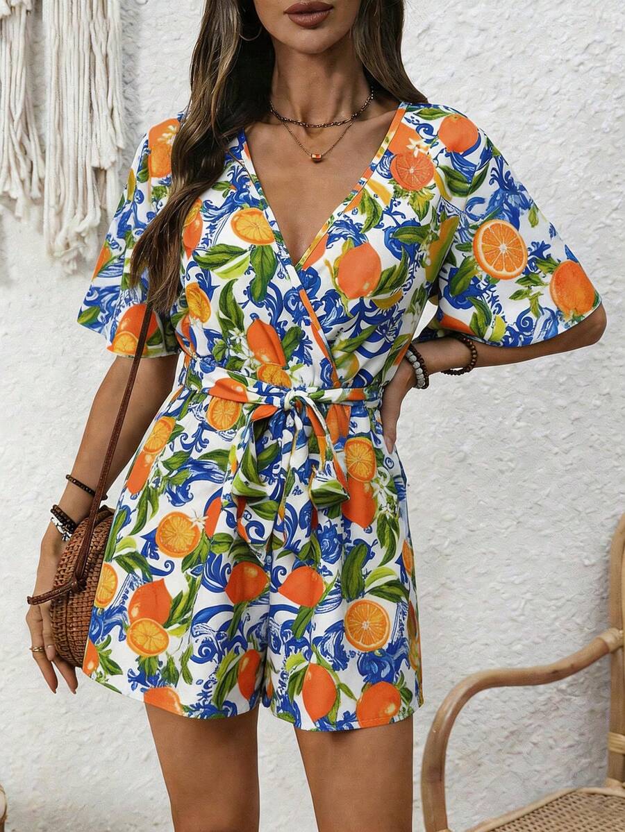 SHEIN LUNE 女款夏季海灘度假檸檬與藍色花卉印花V領收腰連身褲 - 彩色 - 查看 1