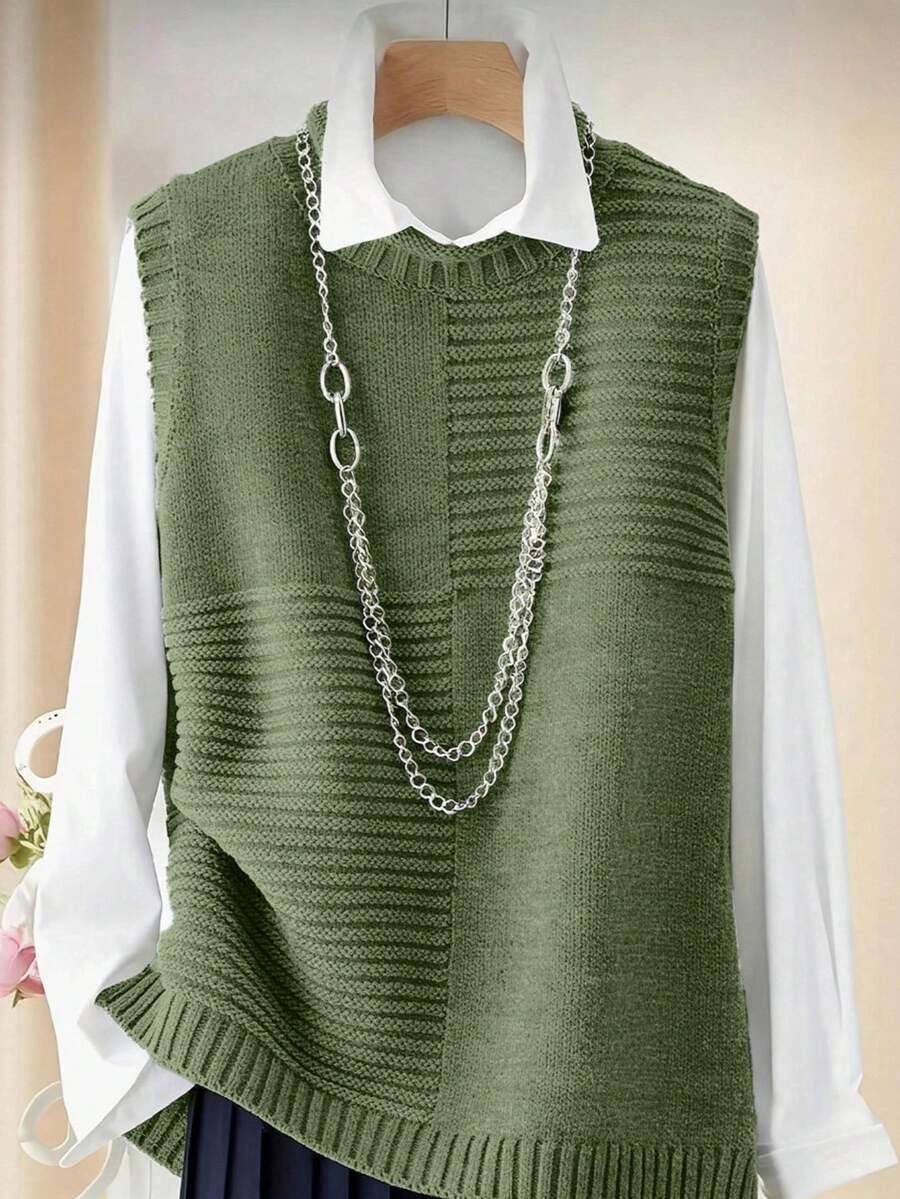 Franclia Loose Fit Commuter Layering Sleeveless Knit Vest - Army Green - View 1