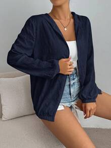 SHEIN Essnce 女款純色長袖拉鍊休閒連帽外套 - 藏蓝色 - 查看 2