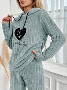 SHEIN Cottnline Women's Letter Heart Embroidered Drawstring Hooded Plush Long Sleeve Pajama Top - Cadet Blue - View 7