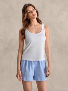 EverLounge Women's Spring/Summer British Style Basic Minimalist White Ribbed Tank Top And Blue & White Striped Shorts Loungewear Set - Multicolor - View 4