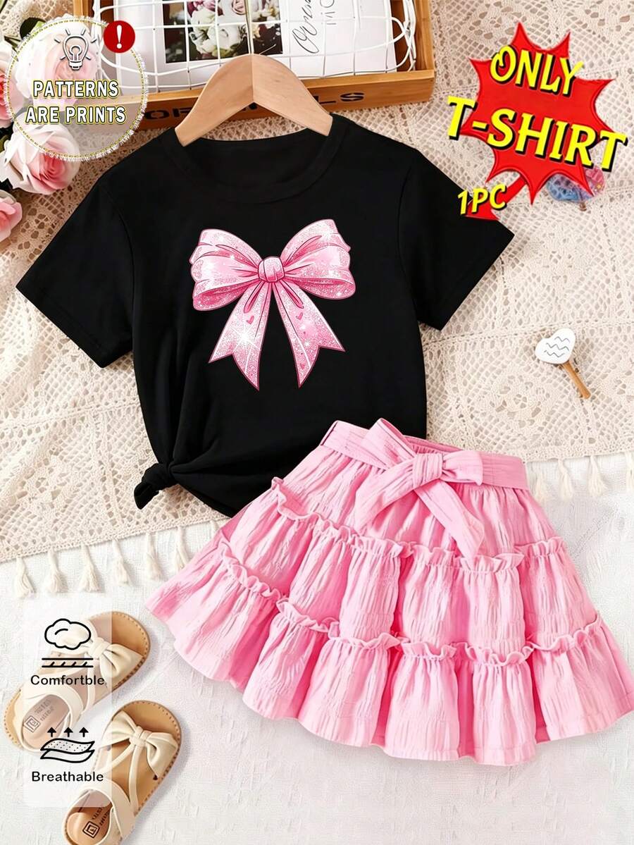 Elladie kids Girls' Fresh Fashion Cute Glitter Pink Bow & Heart Pattern Basic Black Short Sleeve T-Shirt, Comfortable Daily Wear For All Seasons - Black - View 1