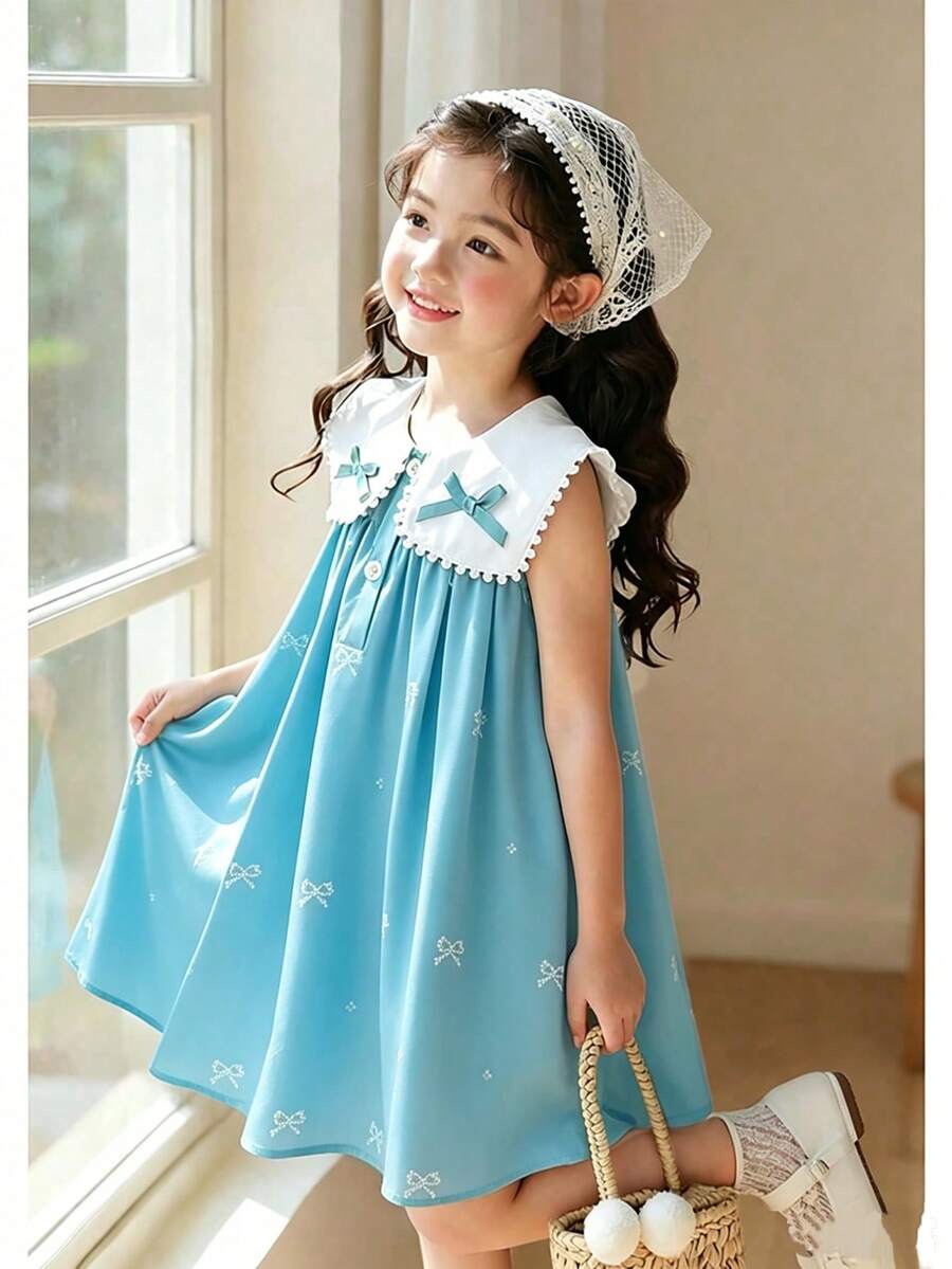 SHEIN Elladie kids 女童綠色蝴蝶結印花白色領口3D蝴蝶結裝飾休閒洋裝