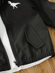 SHEIN 嬰兒男童女童綠色秋季休閒百搭卡通恐龍動物圖案連帽長袖外套，適合日常休閒、外出、運動、旅行 - 黑色 - 查看 6