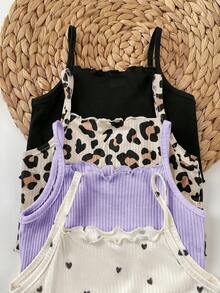 SHEIN LMoss Kids 女童 8件組針織細肩帶背心上衣與鬆緊腰短褲套裝 - 彩色 - 查看 5