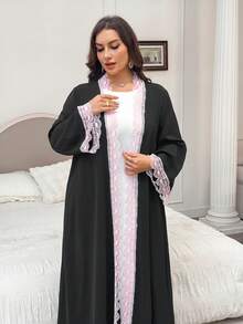 Al Najma Women's Elegant Minimalist Fashionable Placket Cuff Lace Patchwork Exquisite Summer Plus Size Long Sleeve Abaya - Black - View 6