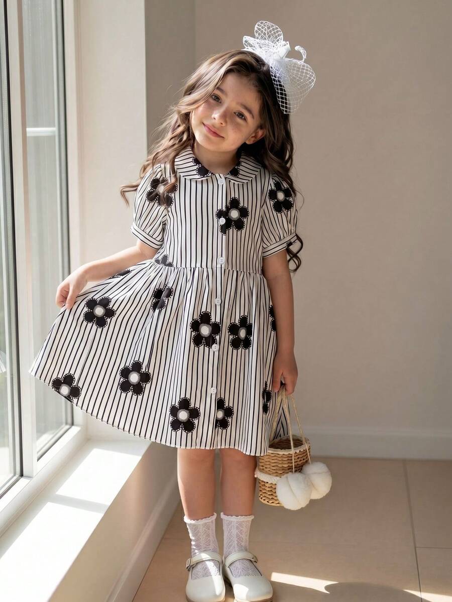 SHEIN Playful Pals 女童休闲时尚格子蝴蝶结印花泡泡袖衬衫裙,适合春夏外出、户外、上学和日常穿着 - 黑色 - 查看 1