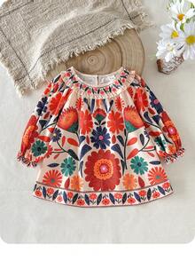 Babygirl Casual Cute Floral Pattern Ruffle Hem Long Sleeve Dress - Apricot - View 3