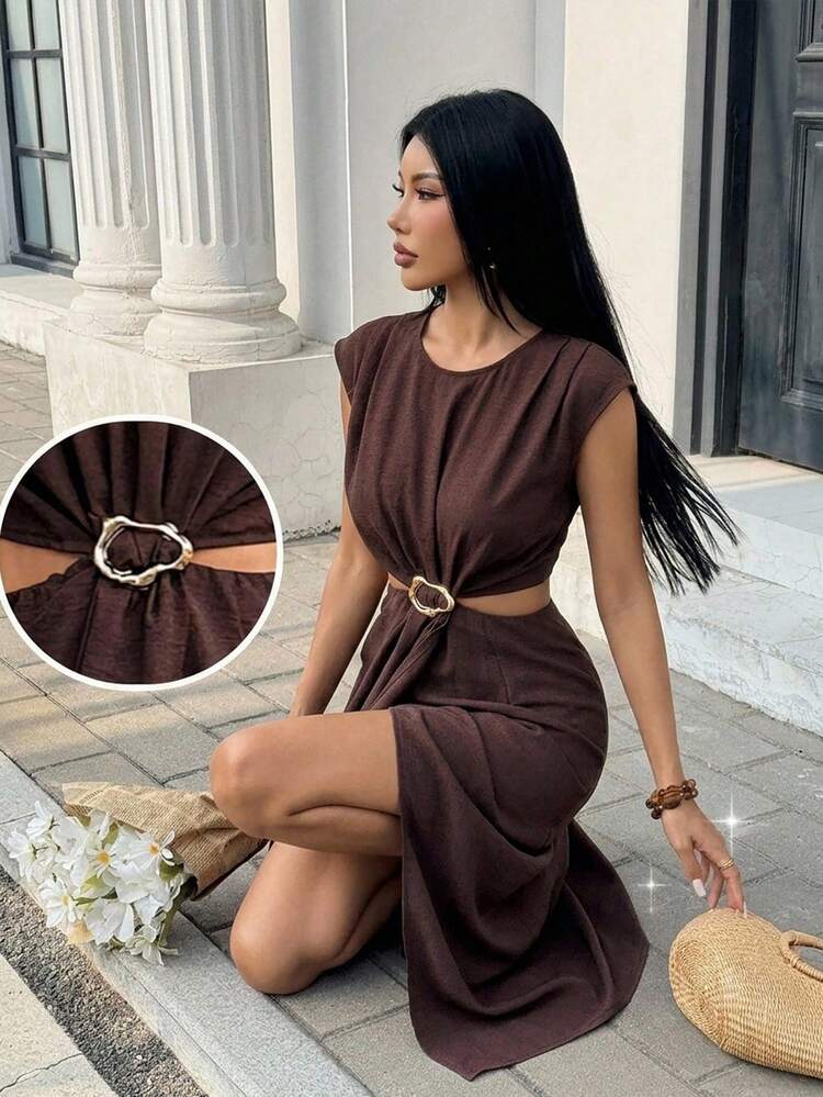 sexy wrap dress SHEIN PETITE Women's Summer Elegant Solid Color Hollow Vacation Dark Brown youre causing quite the commotion in our sweet Wrap Dresses: See Pics Of